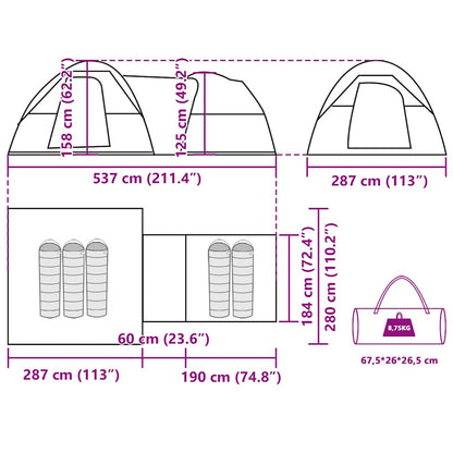 Detailtekening van de vidaXL 5-persoons kampeertent met afmetingen en opbergdetails.
