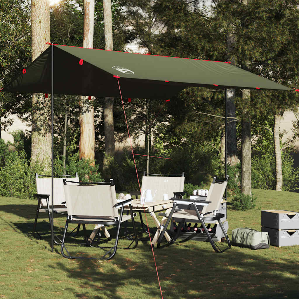Olijfgroene vidaXL kampeerluifel van 306x306 cm opgesteld boven een tafel met stoelen in de natuur.