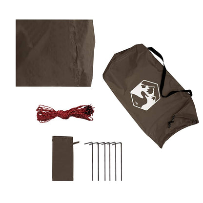 Detail van de vidaXL kampeerluifel met accessoires, inclusief haringen en draagtas.