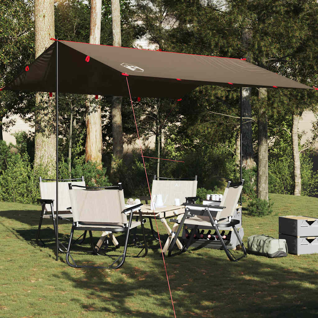 Bruine vidaXL kampeerluifel van 306x306 cm, opgesteld boven een eettafel met stoelen in de natuur.