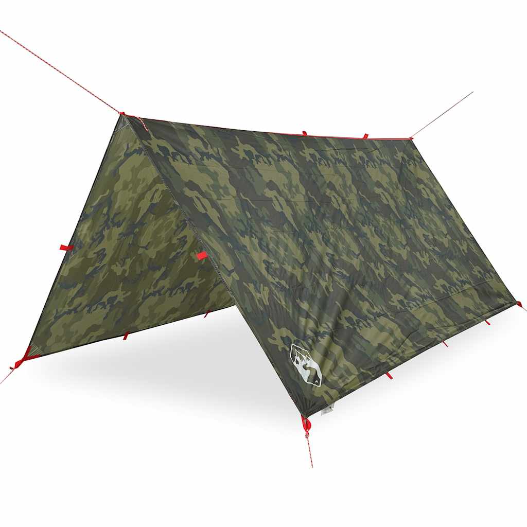Detail van de vidaXL kampeerluifel in camouflage, met bevestigingslijnen en hoeken.