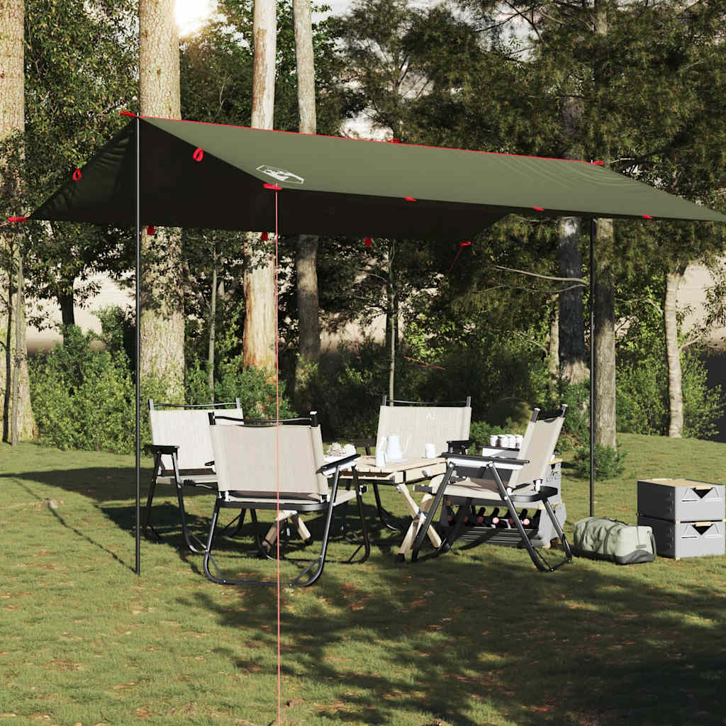 Detail van de vidaXL waterdichte kampeerluifel in olijfgroen, opgezet met stoelen en tafel.