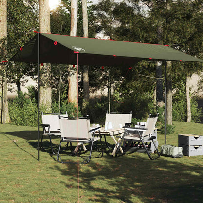 Detail van de vidaXL waterdichte kampeerluifel in olijfgroen, opgezet met stoelen en tafel.