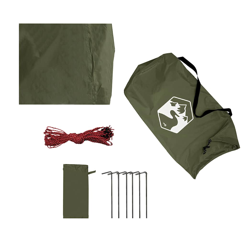 Detail van de vidaXL kampeerluifel met accessoires, inclusief haringen en touw in olijfgroen.