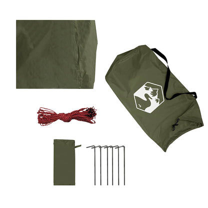 Detail van de vidaXL kampeerluifel met accessoires, inclusief haringen en touw in olijfgroen.