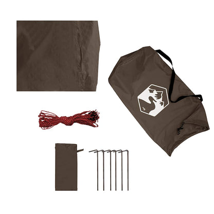 Detail van de vidaXL kampeerluifel met accessoires, waaronder haringen en draagtas.