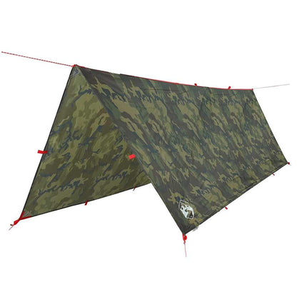Detail van de vidaXL camouflage kampeerluifel in een schuin zijaanzicht met bevestigingslijnen.