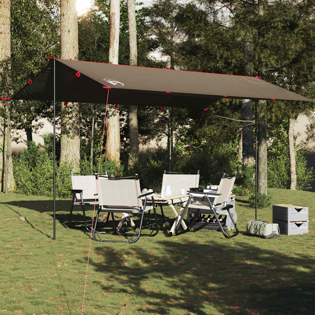 Detail van de vidaXL kampeerluifel in bruin, opgesteld met campingstoelen en tafel.