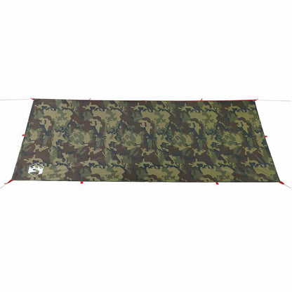 Detailweergave van de camouflage vidaXL kampeerluifel, met waterdichte stof en bevestigingslussen.