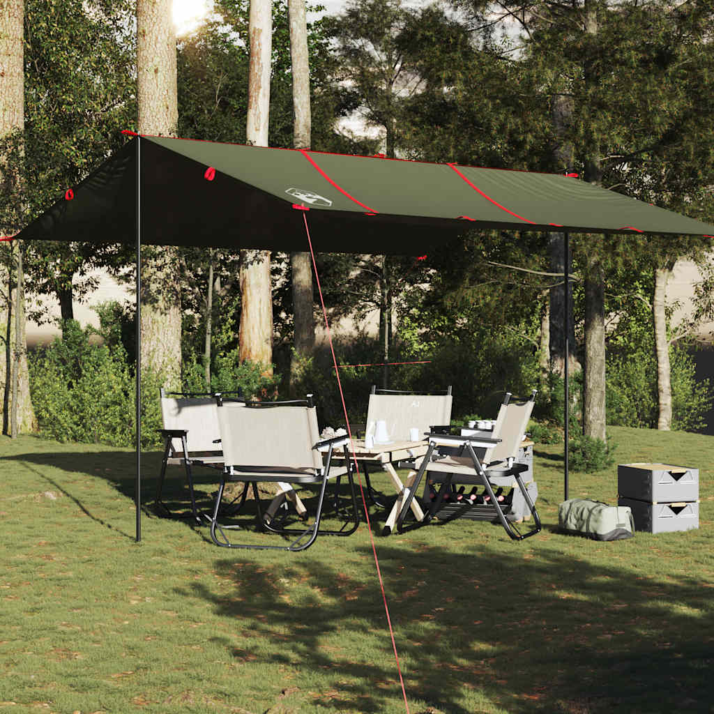 Detailweergave van de vidaXL kampeerluifel in olijfgroen, opgesteld met campingstoelen eronder.