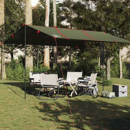Detailweergave van de vidaXL kampeerluifel in olijfgroen, opgesteld met campingstoelen eronder.