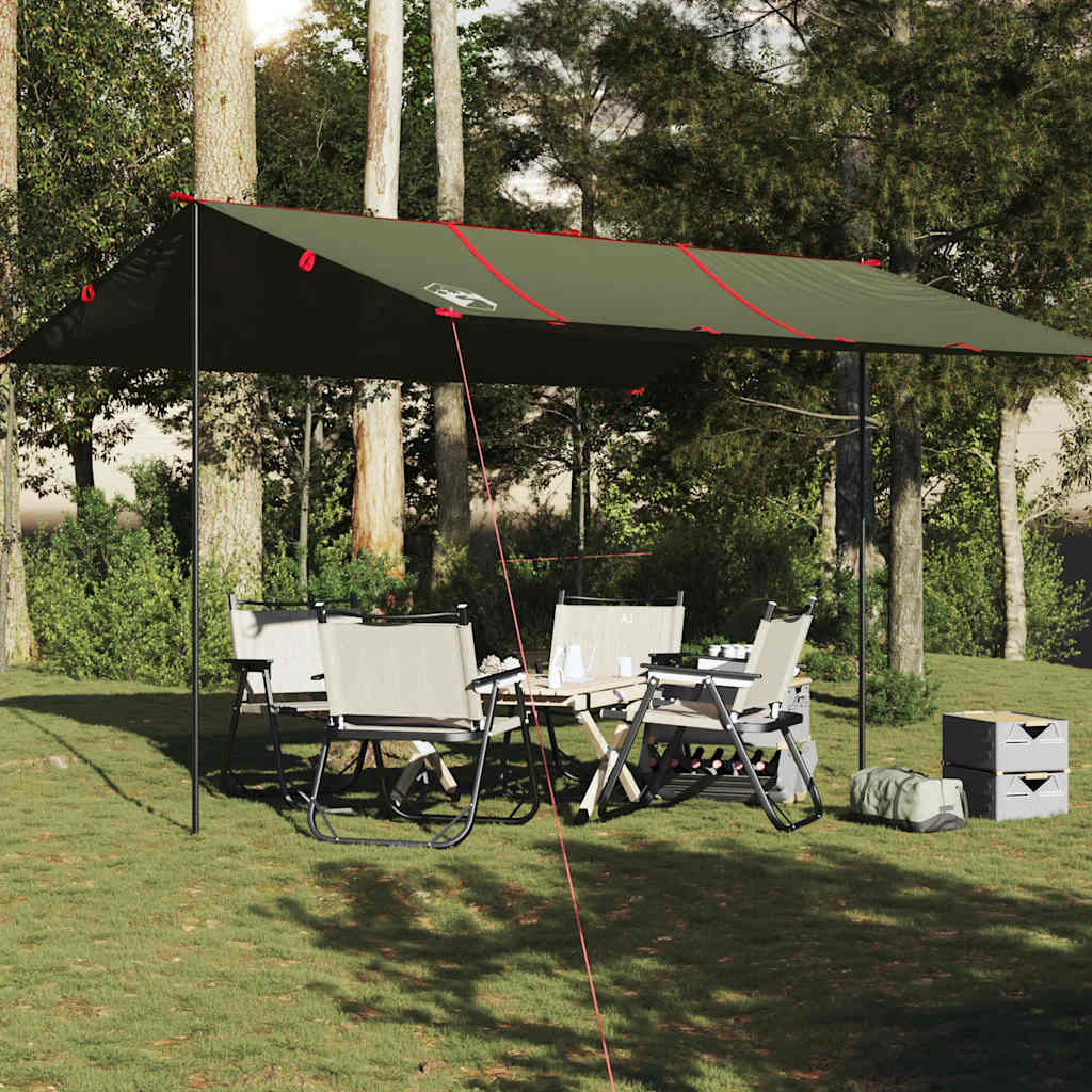 Olijfgroene vidaXL kampeerluifel van 451x420 cm, opgesteld met stoelen en tafel eronder.