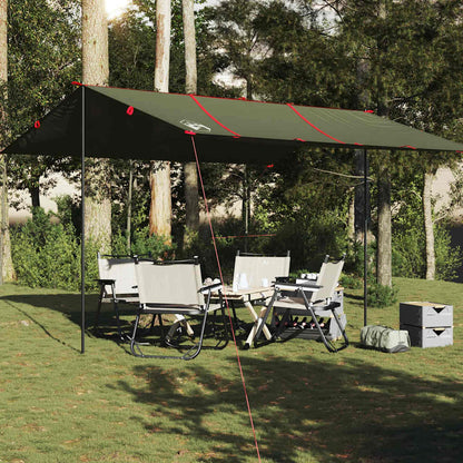 Olijfgroene vidaXL kampeerluifel van 451x420 cm, opgesteld met stoelen en tafel eronder.