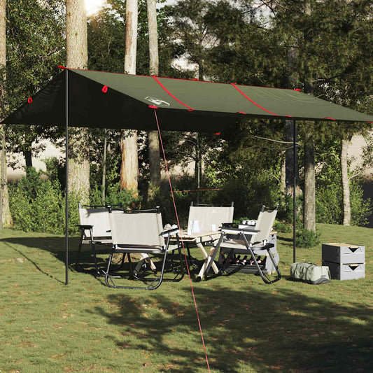Olijfgroene vidaXL kampeerluifel van 451x420 cm, opgesteld met stoelen en tafel eronder.
