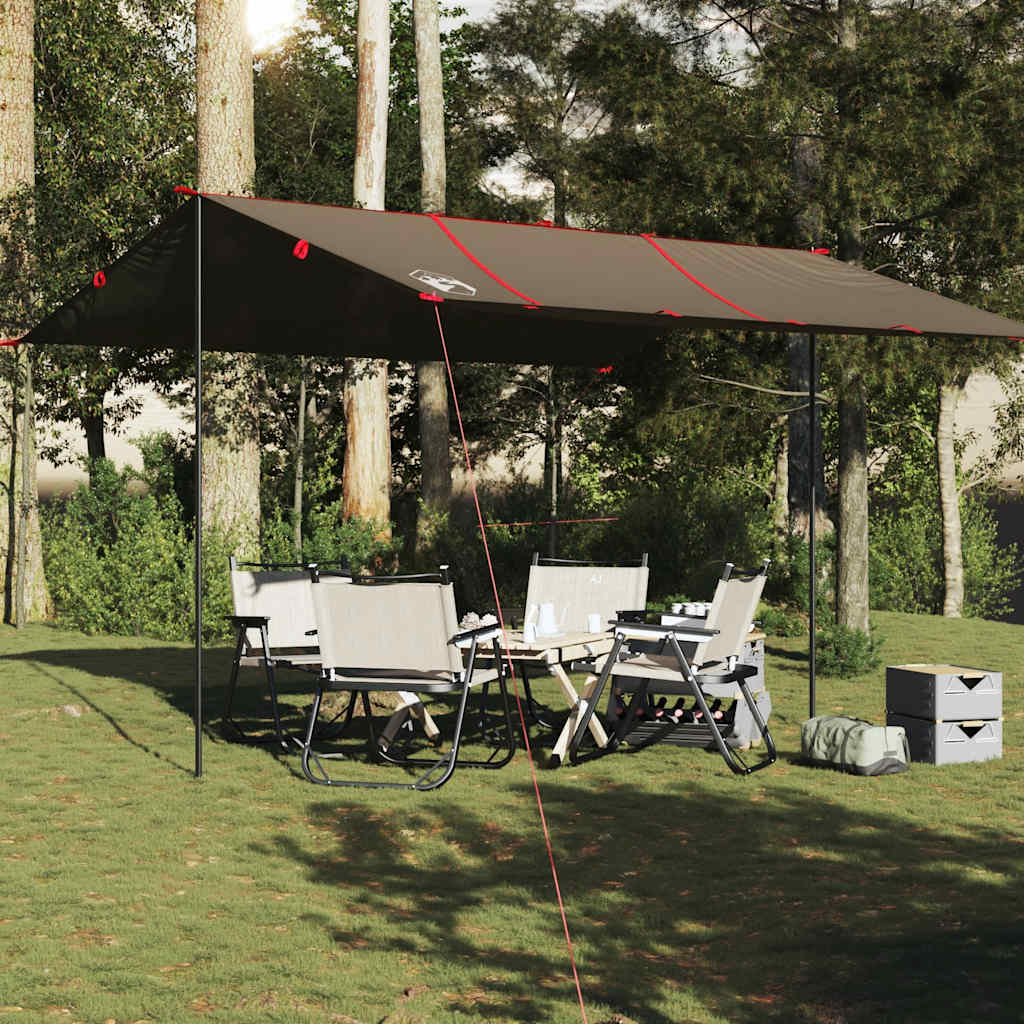 Detail van de vidaXL kampeerluifel in bruin, opgesteld met campingstoelen eronder.