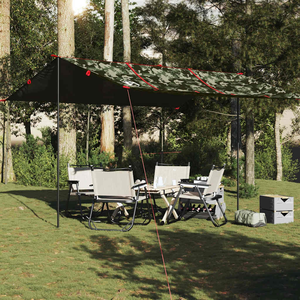 Detail van de vidaXL kampeerluifel in camouflage, opgezet met stoelen en tafel eronder.