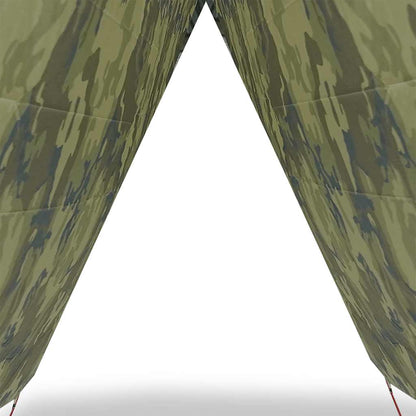 Detail van de camouflagekampeerluifel van vidaXL met een puntige vorm en waterdichte stof.