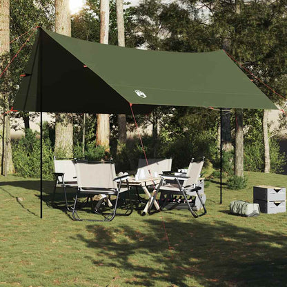 Detail van de vidaXL kampeerluifel in olijfgroen, opgezet met stoelen en tafel eronder.