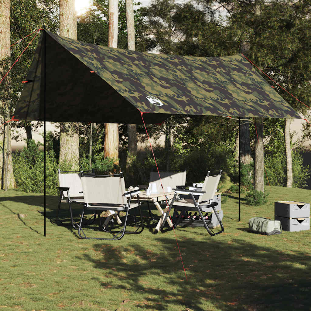 Detail van de vidaXL camouflage kampeerluifel met stevige bevestigingspunten en opgezette poten.
