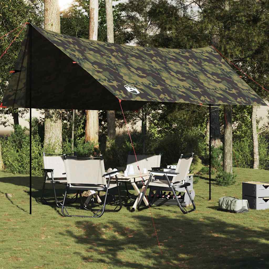 vidaXL kampeerluifel in camouflage, waterdicht met een ruime afmeting van 438x376 cm, geplaatst in een groene omgeving.