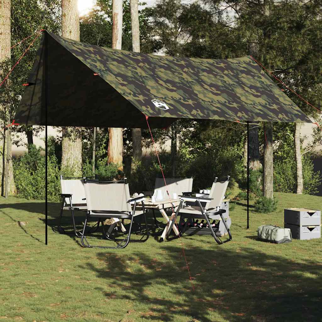 Detail van de vidaXL camouflage kampeerluifel, opgezet boven een zithoek met stoelen.