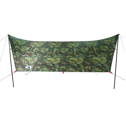 Detail van de vidaXL camouflage kampeerluifel, zijaanzicht met bevestigingslijnen.