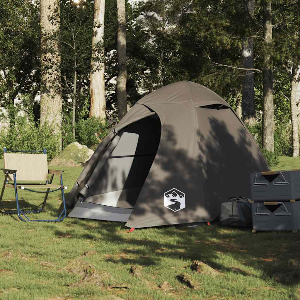Bruine vidaXL koepeltent voor 2 personen, zijaanzicht met campingstoeltje en opbergboxen.