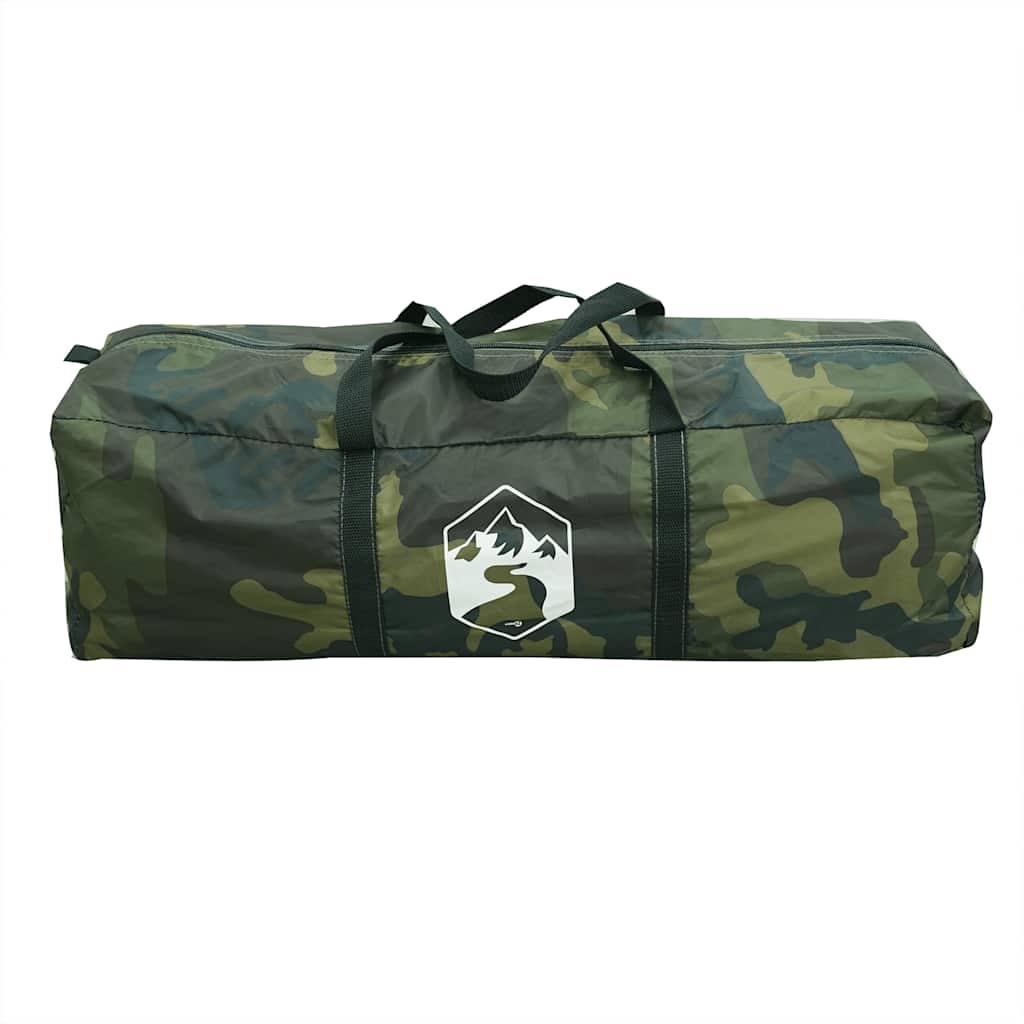 Camouflage tent van vidaXL in opbergzak, zijaanzicht met handvatten.