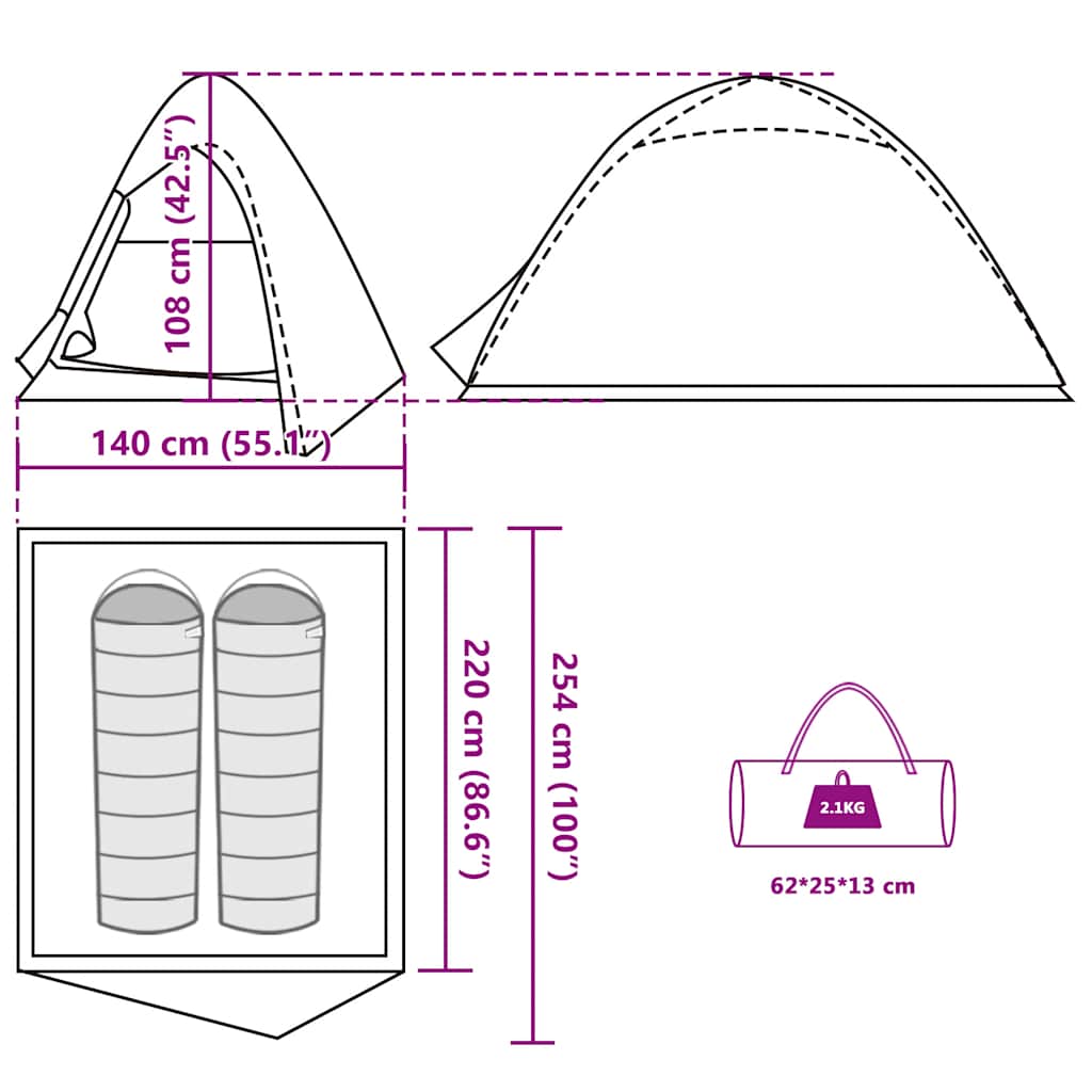 Detail van de afmetingen en specificaties van de vidaXL 2-persoons koepeltent.
