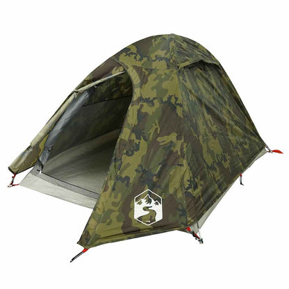 Zijaanzicht van de vidaXL 2-persoons koepeltent in camouflage, met open ingang.