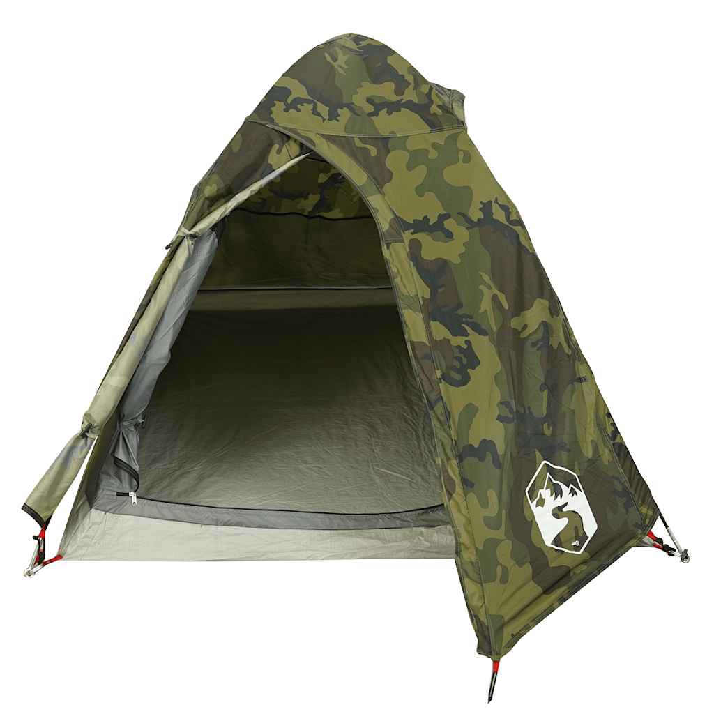 Detail van de vidaXL koepeltent in camouflage, met open ingang en lichtgewicht ontwerp.