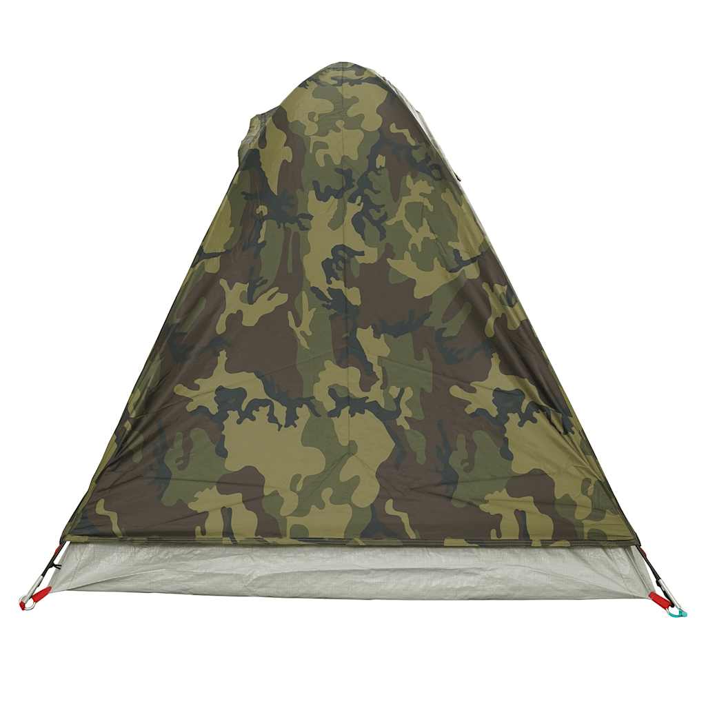 Detail van de vidaXL koepeltent in camouflage, met zicht op de bovenkant en ventilatierooster.
