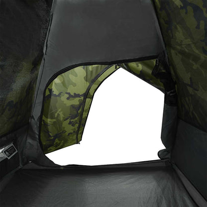 Detail van de ingang van de vidaXL koepeltent met camouflagepatroon en ventilatierooster.