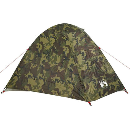 Detail van de vidaXL koepeltent in camouflage, met waterdichte stof en stevige bevestigingslijnen.