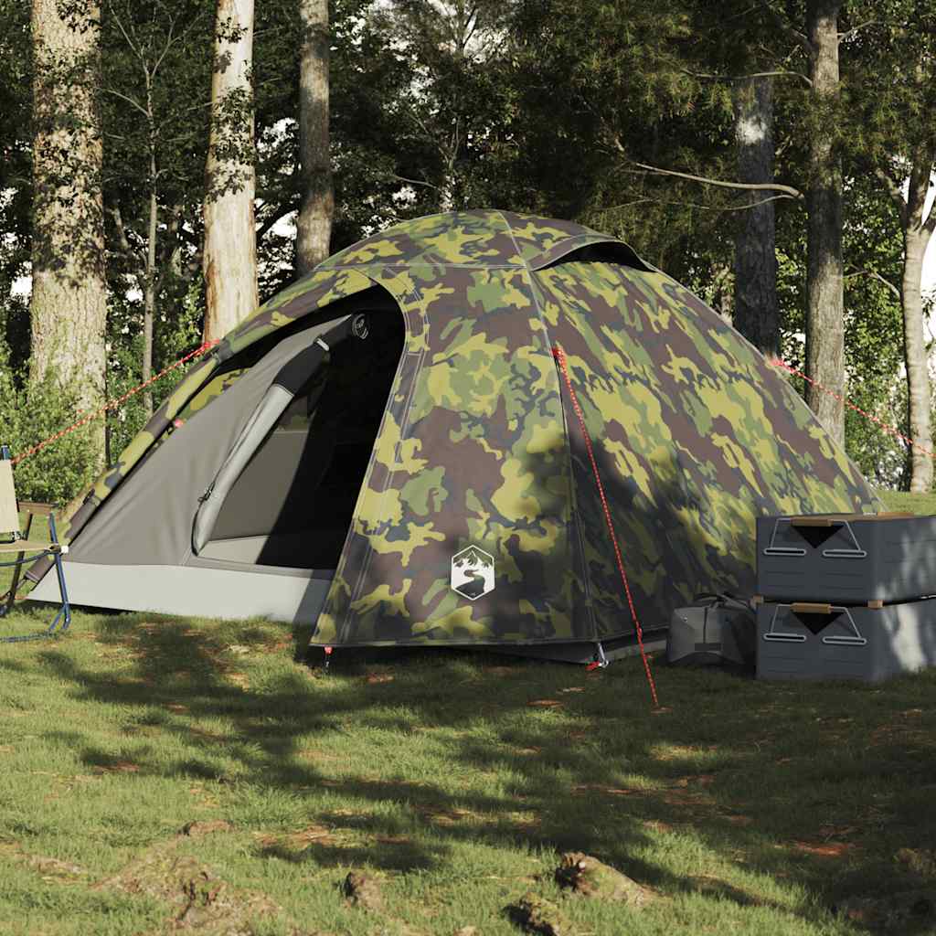 Koepeltent vidaXL 3-persoons in camouflage, waterdicht en stevig, geplaatst in een bosrijke omgeving.
