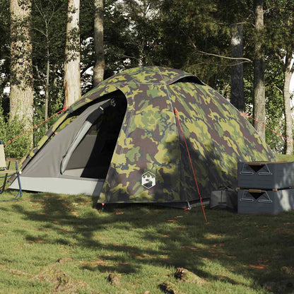 Koepeltent vidaXL 3-persoons in camouflage, waterdicht en stevig, geplaatst in een bosrijke omgeving.
