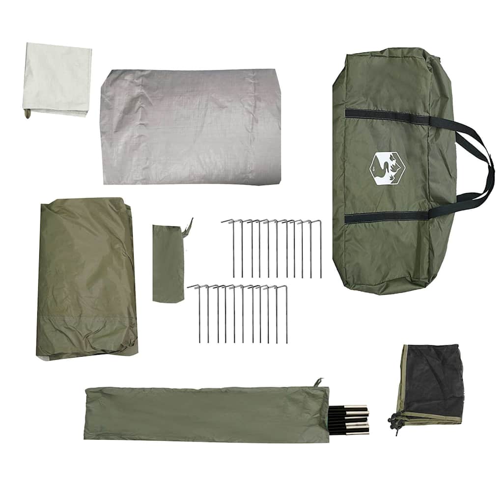 Olijfgroene accessoires en tentonderdelen van de vidaXL koepeltent, inclusief draagtas en haringen.