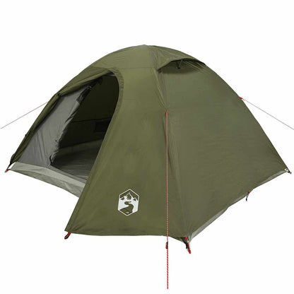 Zijaanzicht van de olijfgroene vidaXL koepeltent met open ingang en ventilatie.