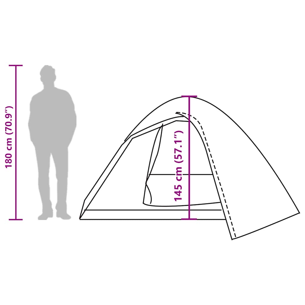 Zijaanzicht van de vidaXL koepeltent met afmetingen en een persoon voor schaal.