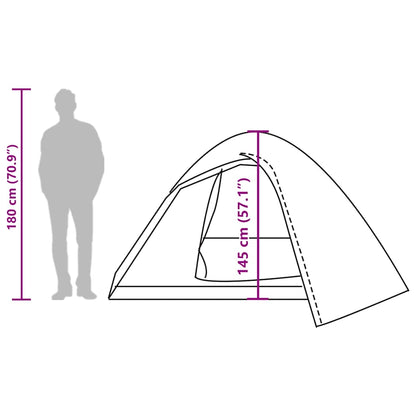 Zijaanzicht van de vidaXL koepeltent met afmetingen en een persoon voor schaal.