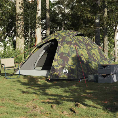 Zijaanzicht van de vidaXL camouflage koepeltent, waterdicht en geschikt voor vier personen.