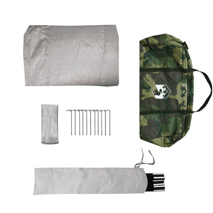 Detail van de accessoires van de vidaXL 4-persoons camouflage koepeltent, inclusief haringen en draagtas.