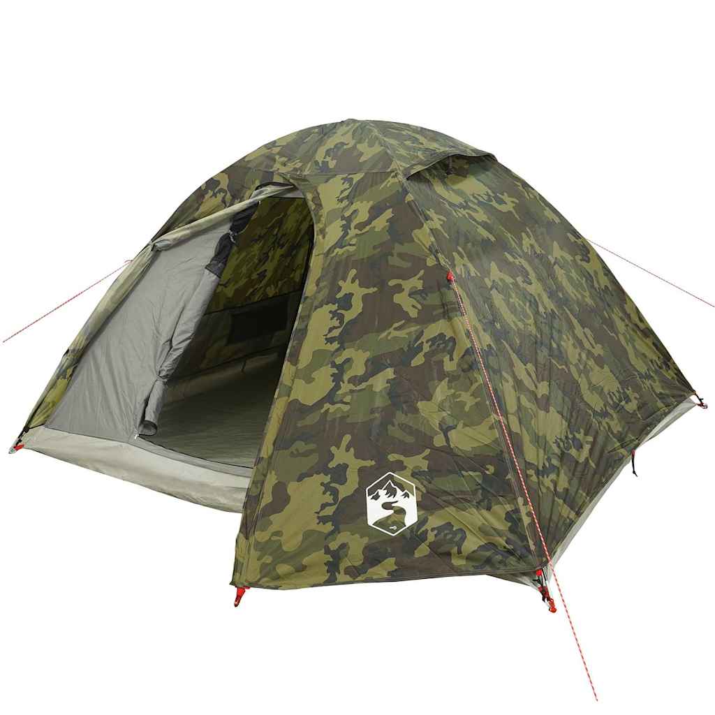 Detail van de vidaXL koepeltent in camouflage, met open ingang en waterdichte buitenkant.