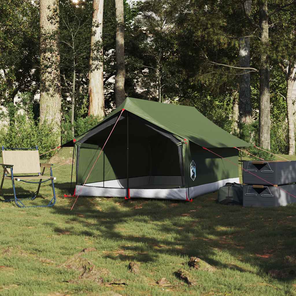 Zijaanzicht van de olijfgroene vidaXL 2-persoons tent in een bosrijke omgeving.