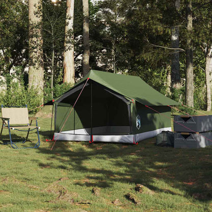 Zijaanzicht van de olijfgroene vidaXL 2-persoons tent in een bosrijke omgeving.