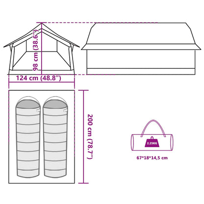 Technische tekening van de vidaXL 2-persoons tent met afmetingen en gewicht.