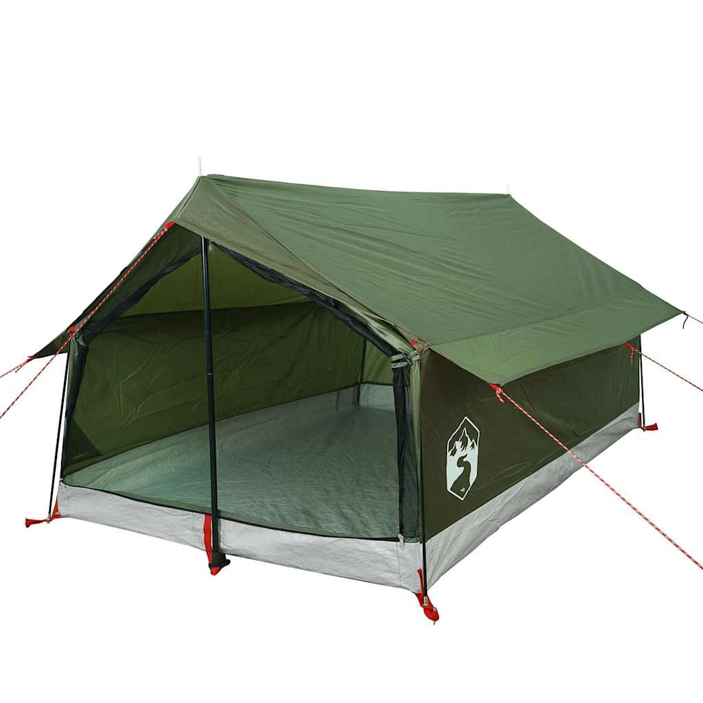 Detail van de vidaXL 2-persoons tent in olijfgroen, met open ingang en ventilatierooster.
