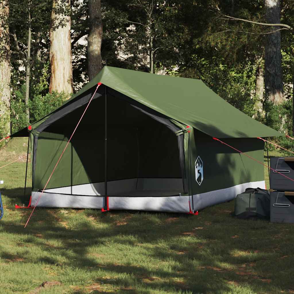Olijfgroene vidaXL 2-persoons tent met waterdichte bescherming, opgezet in een bosrijke omgeving.