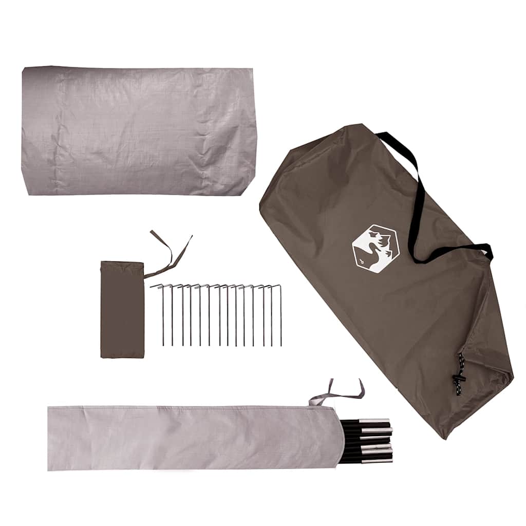 Accessoires van de vidaXL 2-persoons tent, inclusief stokken en haringen in een draagtas.