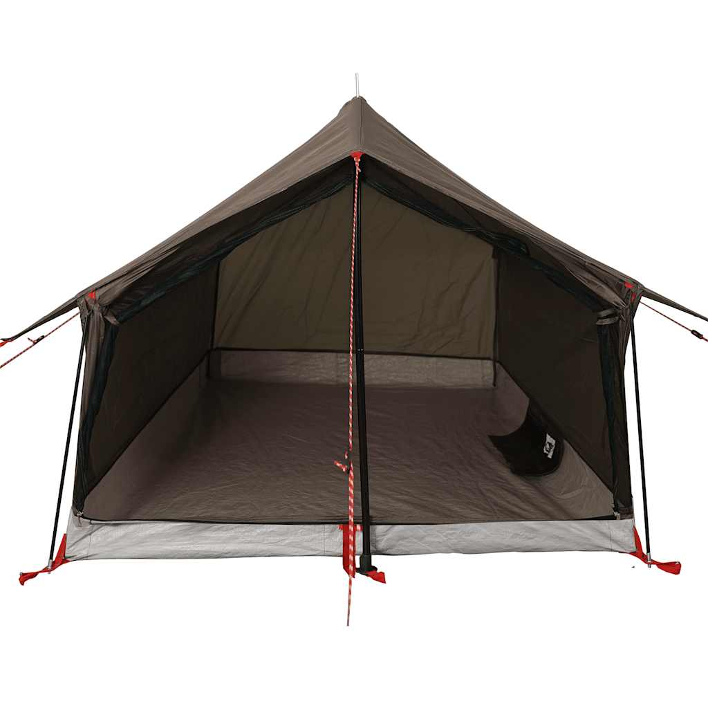 Detail van de vidaXL 2-persoons tent, bruin met open ingang en ventilatierooster.